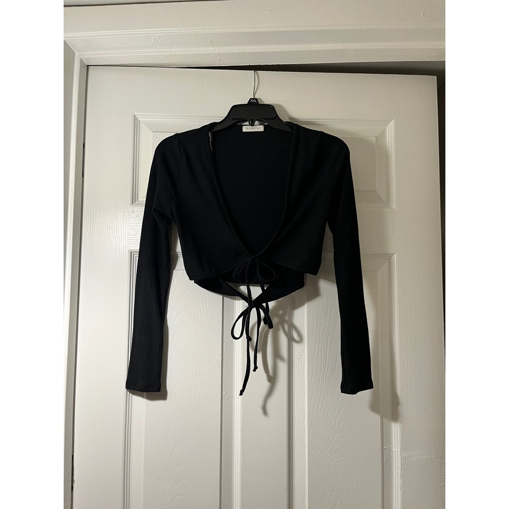 Occasion Womens Black Ribbed Long Sleeve Tie‎ Front Cropped Top V-Neck Small